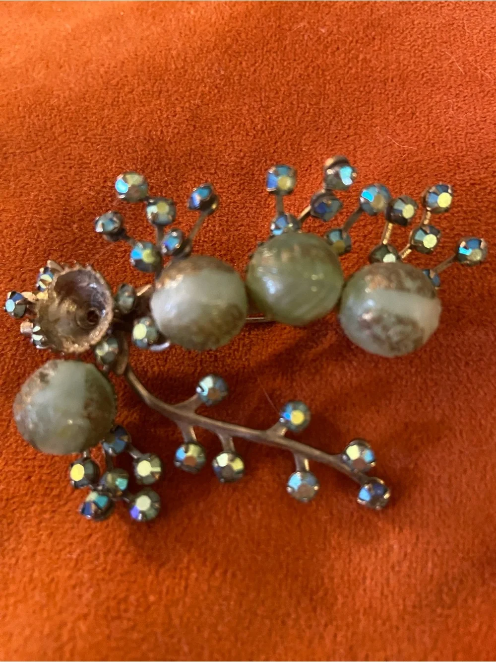 Vintage Green Bead and Aurora Rhinestone Floral Brooch